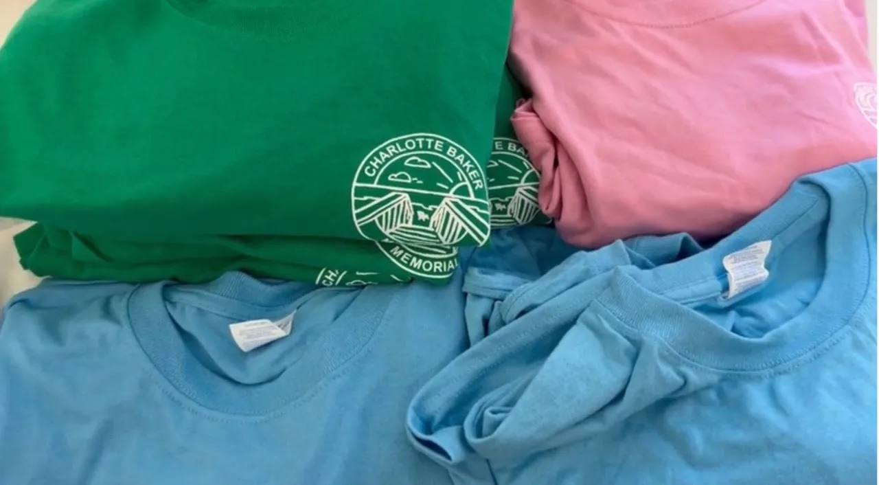 Charlotte Baker Memorial T-shirts in green, pink and blue